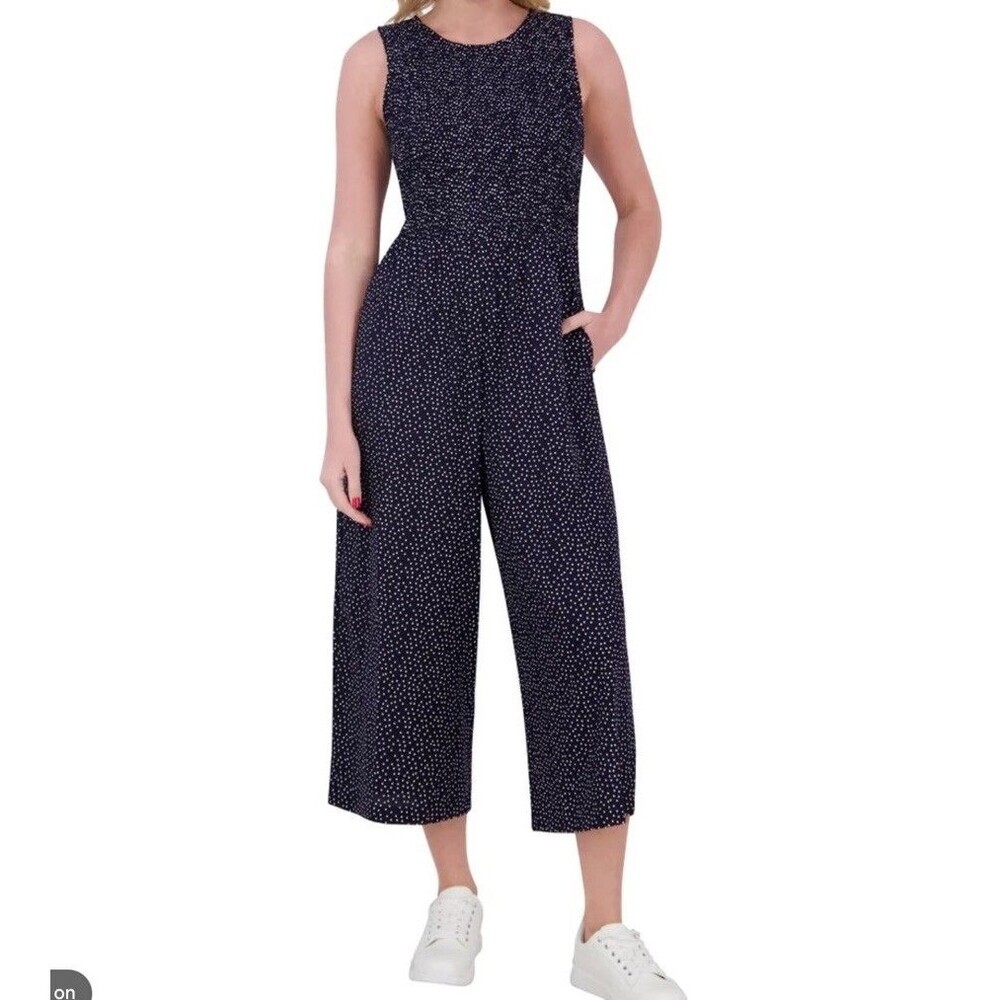 Andrew Marc Women's Polka Dot Navy Blue Smocked Jumpsuit 100%Viscose Size Large